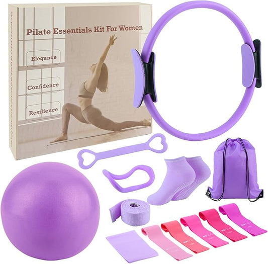 ASIEIT Home Pilates Kit for Women, Pilates Equipment with 5 Resistance Bands, 14'' Magic Circle, Pilates Ball and Ring Set, Pilates Essentials Kit for Home Toning, Strength and Flexibility
