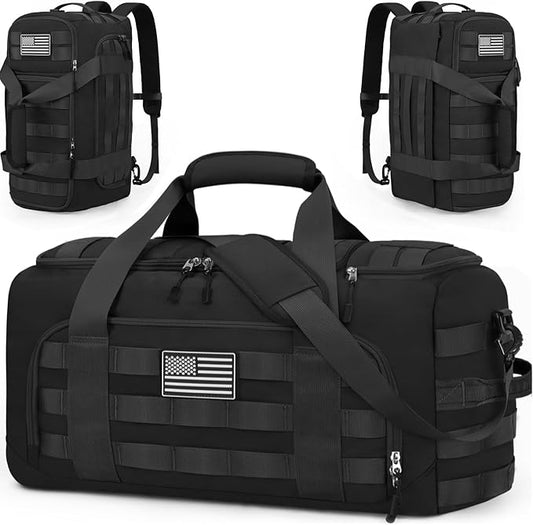 ZOMFELT Tactical Gym Bags for Men, 52L Travel Duffle Bag with Removable Dividers & Innovative Shoe Compartment, 3-in-1 Waterproof MOLLE Gym Duffel Backpack, Airplane Carry-On Approved, Black