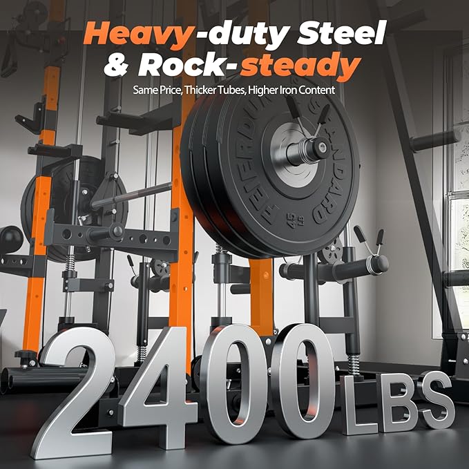 FEIERDUN Smith Machine Deadlift Power Cage FOR01,2200lbs Squat Rack for Home Gym,Dual LAT Pull Down & Cable Crossover Machine with Leg Hold-Down Attachment