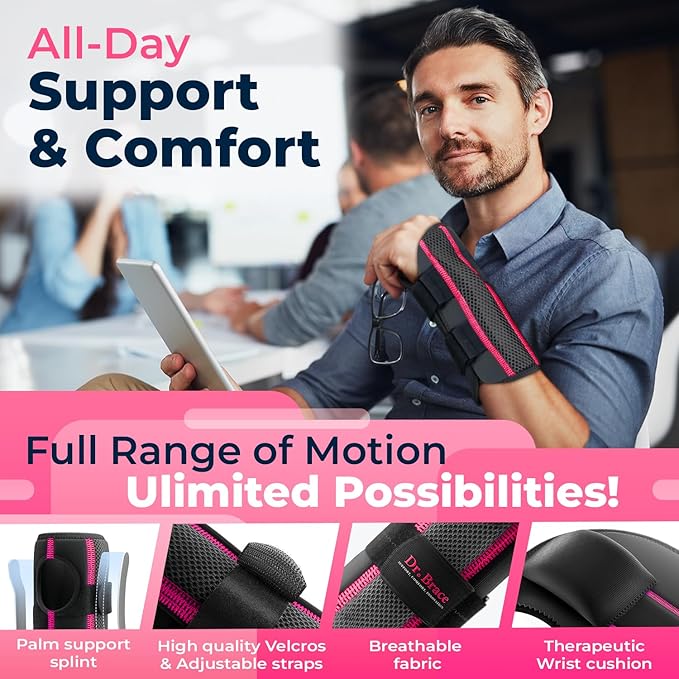 DR. BRACE Adjustable Wrist Brace Night Support for Carpal Tunnel, Doctor Developed, Upgraded with Double Splint & Therapeutic Cushion,Hand Brace for Pain Relief,Injuries,Sprains (L/XL Right Hand, Black-Pink)