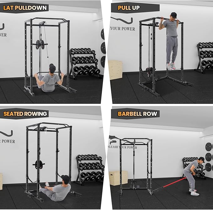 Power Cage with LAT Pulldown Machine - Squat Rack for Home Gym, Multi-Functional Weight Cage with Cable Pulley System, Dip Bars & Landmine Attachment