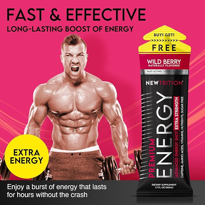 NewTrition® Extra Strength Energy Shots, 250mg Caffeine Energy Shots with Vitamin B & Amino Acids, Sugar-Free Vitamin Energy Shot, 1.7 fl oz (Pack of 24, Wild Berry)