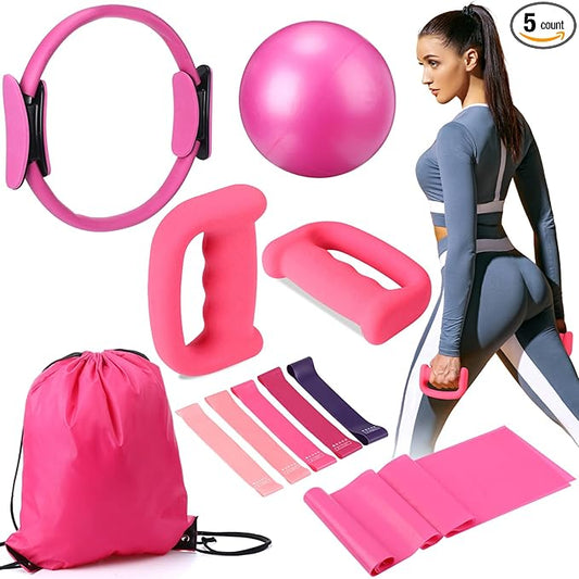 Poen 10 Pcs Home Pilates Kit for Women Include 12" Pilates Ring 10" Yoga Exercise Ball 5 Resistance Bands Dumbbells Elastic Band and Drawstring Backpack Set for Legs Arms Thighs
