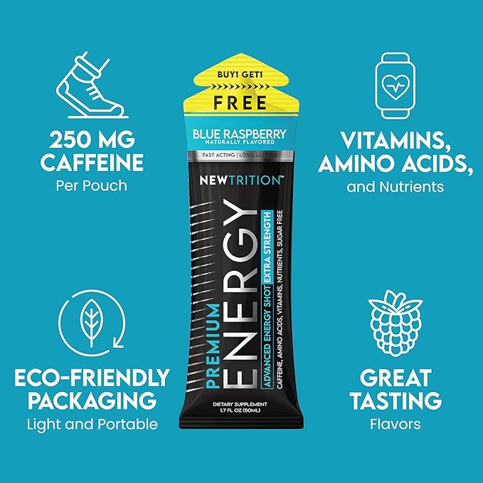 NewTrition® Extra Strength Energy Shots, 250mg Caffeine Energy Shots with Vitamin B & Amino Acids, Sugar-Free Vitamin Energy Shot, 1.7 fl oz (Pack of 12, Blue Raspberry)
