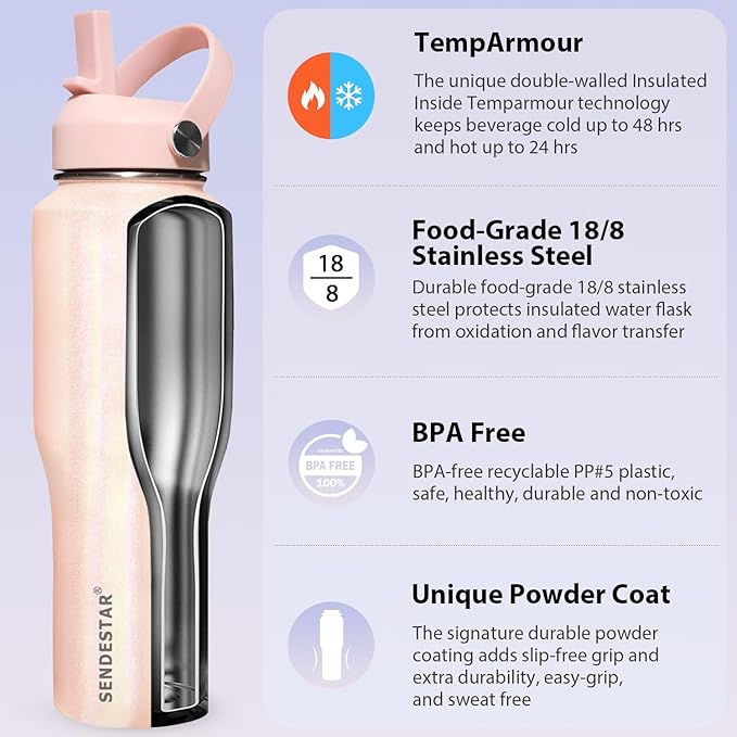 SENDESTAR 40oz Stainless Steel Water Bottle(Cold for 48 Hrs, Hot for 24 Hrs),Double Wall Vacuum Insulated Bottle with Straw Lid, Spout Lid and Flex Cap, Fit in Any Car Cup Holder,Laser Pink