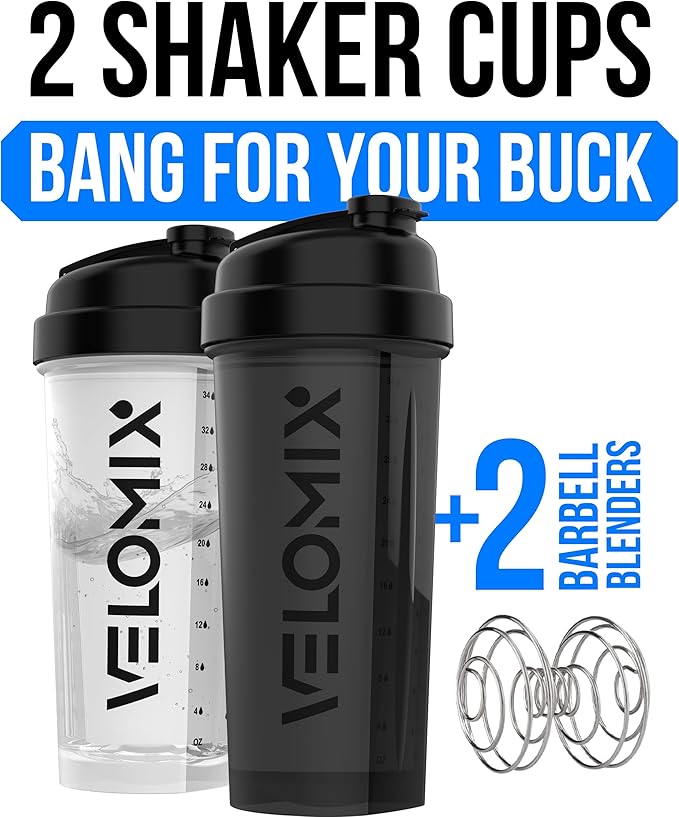 VELOMIX -2 Pack- 45 oz Protein Shaker Bottles for Protein Mixes - 2x Wire Whisk | Leak Proof Shaker Cups for Protein Shakes | Protein Shaker Bottle Pack | Shakers for Protein Shakes-Black&Transparent