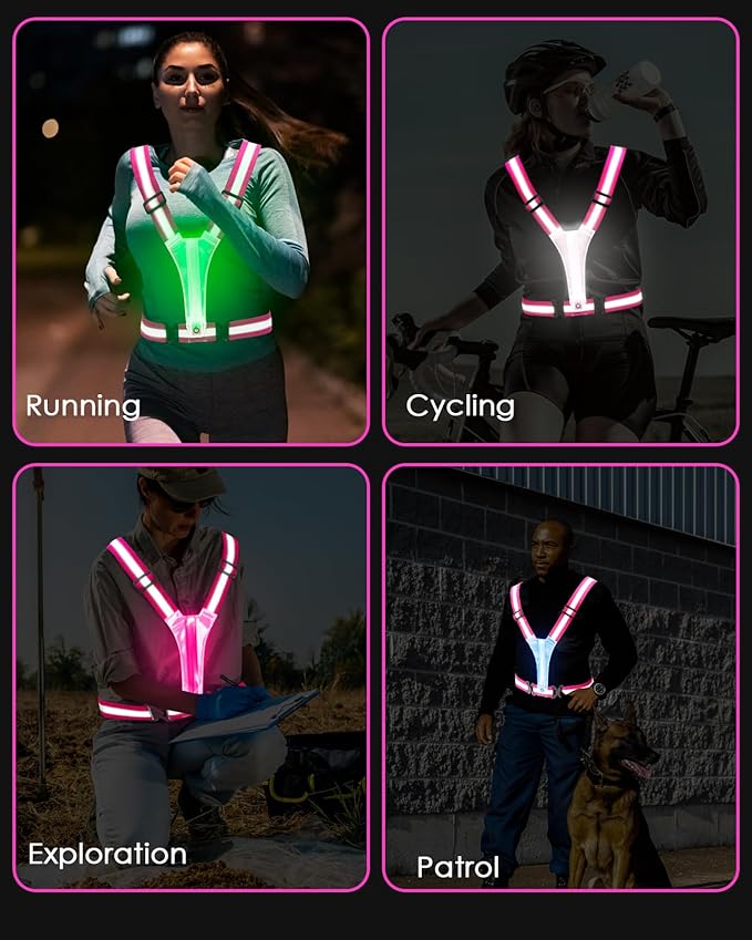Zacro LED Reflective Vest Running Gear, 5 Lights Colors High Visibility Reflective Running Gear Rechargeable Light Up Running Vest for Walking Running Cycling, Adjustable for Men Women Kids