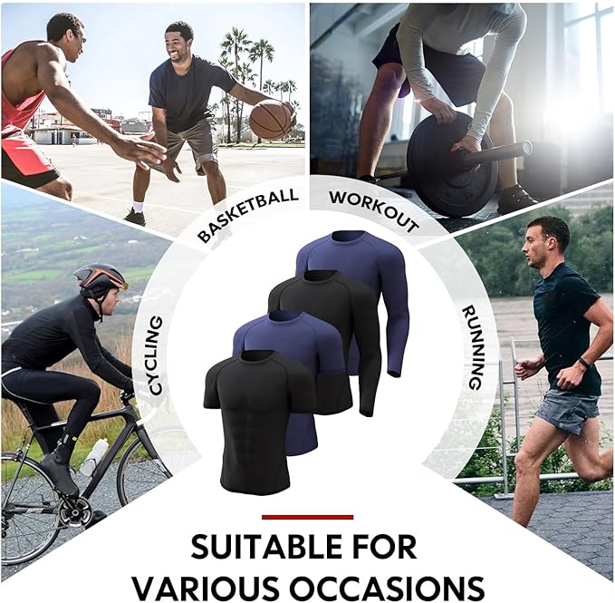 CL convallaria 4 Pack Compression Shirts Men Long Short Sleeve Cooling Dry Rash Guard Athletic Workout T Shirt for Sports