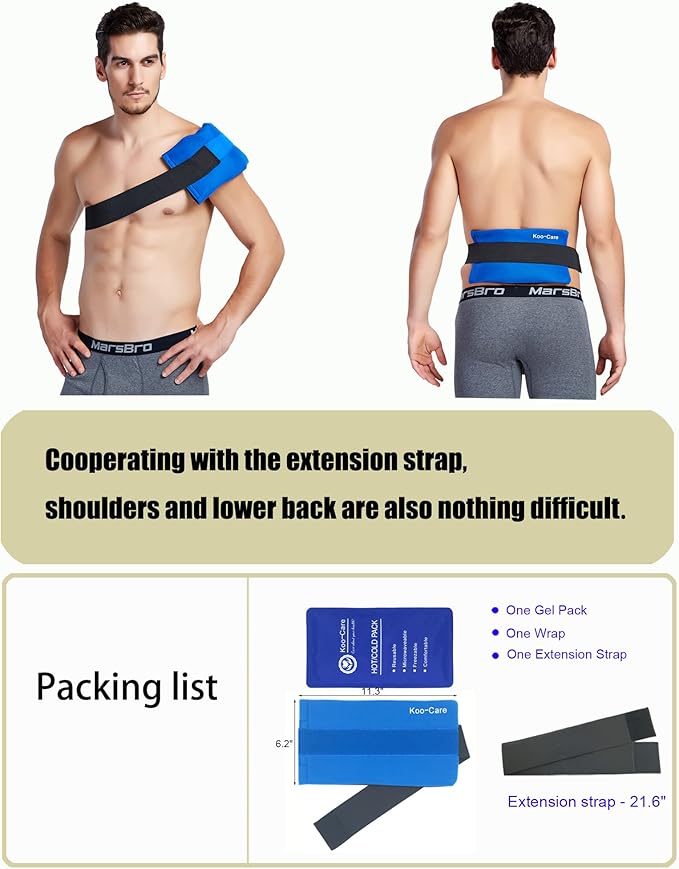 Koo-Care Flexible Gel Ice Pack & Wrap with Elastic Strap for Hot Cold Therapy - Great for Sprains, Muscle Pain, Bruises, Injuries, Etc. (Neck, Arm, Elbow, Waist, Knee, Ankle)(Medium)