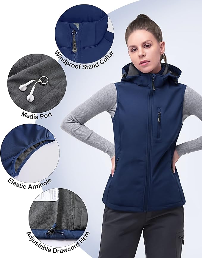 33,000ft Women's Hooded Lightweight Softshell Vest Fleece Lined Windproof Zip Up Sleeveless Jacket for Hiking Golf Running