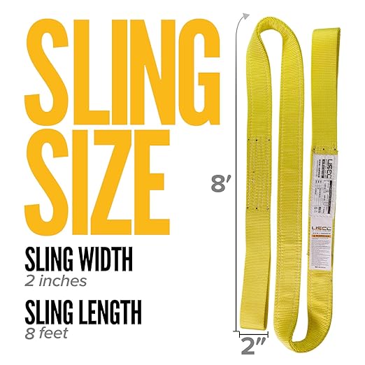 US Cargo Control Nylon Lifting Sling with Wear Pads 2" x 8', 2-Ply Eye to Eye Slings (Made in USA) - 4,960 LBS Choker, 6,200 LBS Vertical, 12,400 LBS Basket Capacity - Lift Straps for Lifting