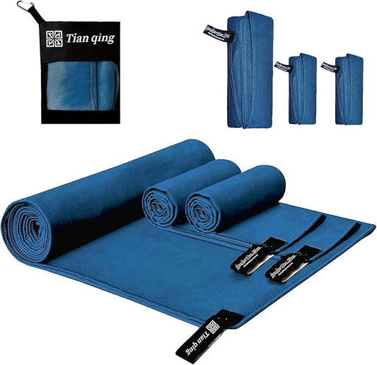 Tian qing Microfiber Towel Set, 3 Pieces, Fast Drying, Soft Touch, Lightweight,Multiple Sizes for Beach, Camping,Gym, Hiking, Pool, Yoga,Travel,Dark Blue