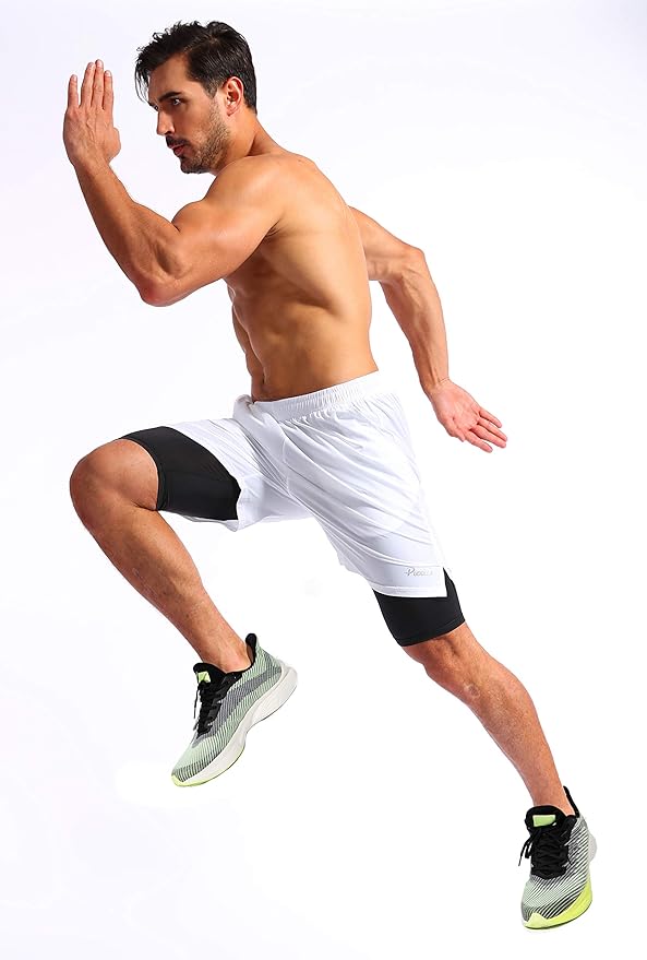 Pudolla Men’s 2 in 1 Running Shorts 5" Quick Dry Gym Athletic Workout Shorts for Men with Phone Pockets