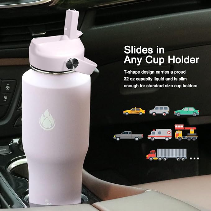 SENDESTAR 32oz Water Bottle Wide Mouth Stainless Steel Vacuum Insulated Double Wall with Straw Lids Fit in Any Car Cup Holder,Lilac
