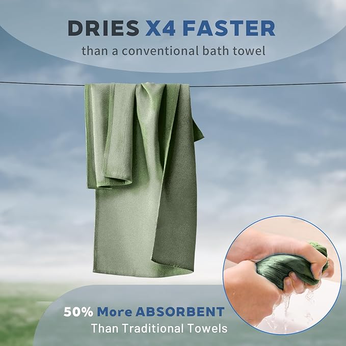 Tian qing Microfiber Towel Set, 3 Pieces, Fast Drying, Soft Touch, Lightweight, Multiple Sizes for Beach, Camping, Gym, Hiking, Pool, Yoga,Travel,Army Green