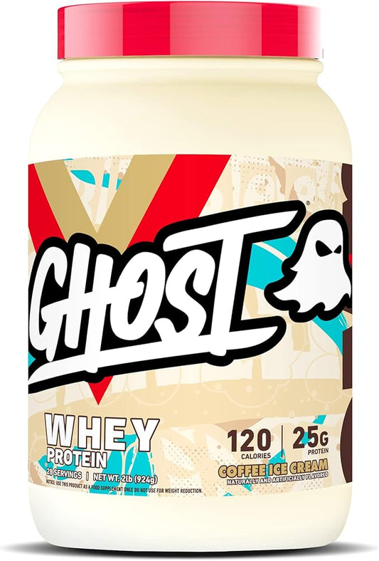 GHOST Whey Protein Powder, Coffee Ice Cream - 2LB, 25G of Protein - Whey Protein Blend - Post Workout Fitness & Nutrition Shakes, Smoothies, Baking & Cooking - Soy & Gluten-Free