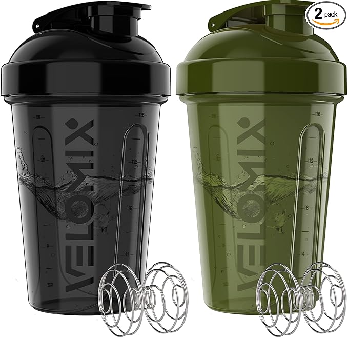 VELOMIX -2 Pack- 20 oz Protein Shaker Bottles for Protein Mixes - 2x Wire Whisk | Leak Proof Shaker Cups for Protein Shakes and Pre Workout | Protein Shaker Bottle Pack (Green/Black)