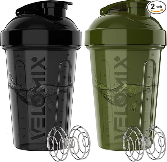 VELOMIX -2 Pack- 20 oz Protein Shaker Bottles for Protein Mixes - 2x Wire Whisk | Leak Proof Shaker Cups for Protein Shakes and Pre Workout | Protein Shaker Bottle Pack (Green/Black)