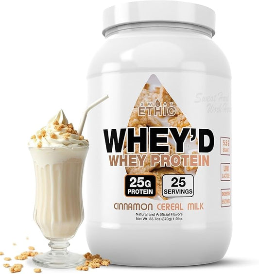 Sweat Ethic Whey'd Protein Powder, 25 G Whey Protein Blend with Concentrate, Isolate & Hydrolysate, Low Lactose & Digestive Enzymes for Easy Mixing & Smooth Texture, Cinnamon Cereal Milk, 25 Servings