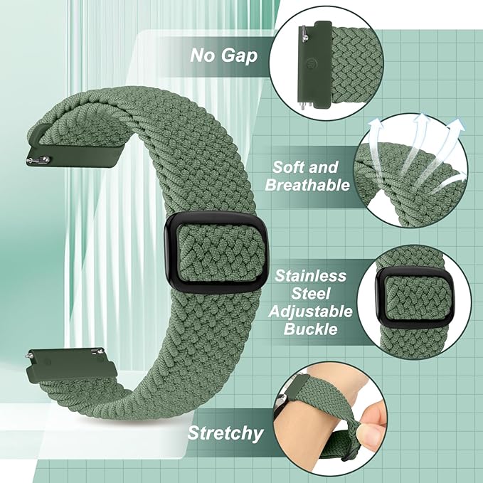 2 Pack Quick Release Braided Bands - 18mm 19mm 20mm 22mm 24mm Solo Loop Adjustable Soft Band for Women Men