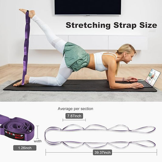 Durable Non-Elastic Stretch Strap for Physical Therapy and Yoga, 10 Loops Stretching Band for Pilates, Flexibility, Exercise - Ideal for Men & Women