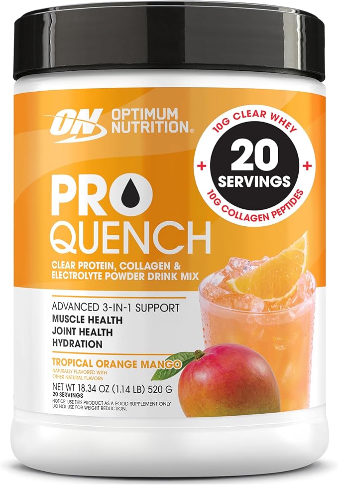 Optimum Nutrition Pro Quench, 10g Clear Protein, 10g Collagen peptides & Electrolyte Powder Drink Mix, Tropical Orange Mango, 20 Servings, 520 Grams (Packaging May Vary)