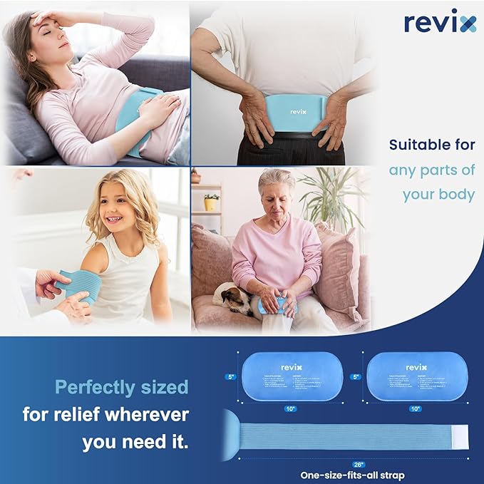 REVIX Ice Packs for Injuries Reusable, 2 Packs Hot and Cold Pack with Adjustable Strap, Flexible Ice Wraps for Joints and Muscle, Rotator Cuff, Back, Knee Discomfort Relief (10" x 5" Blue)