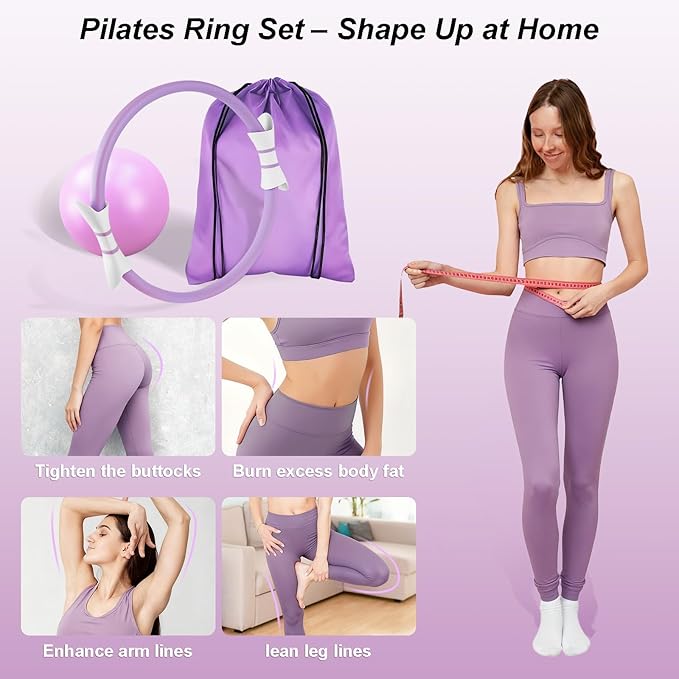 Luscinia Pilates Equipment Kit for Women Home Pilates Essentials Set with 14" Pilates Ring Circle 7" Pilates Ball Pilates Resistance Bands Figure 8 Band and Accessories Pink Pilates Kit for Beginners