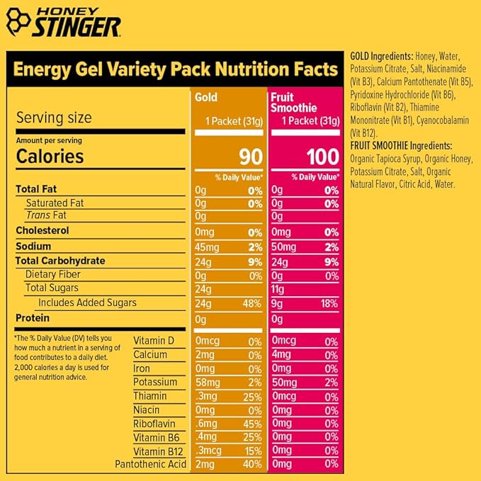 Honey Stinger Energy Gel Variety Pack 12 Packs Each of Gold and Organic Fruit Smoothie Gluten Free & Caffeine Free Sports Nutrition for Home & Gym, Pre and Mid Workout