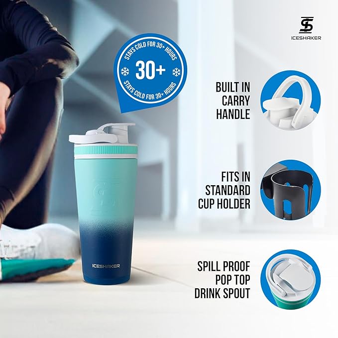 Ice Shaker Insulated Stainless Steel Shaker Bottle | 26oz, Navy/Mint | Cold for 30+ Hours | Insulated Cup with Twist-on Agitator | Odor-Free Bottle for Protein Shakes, Water, Smoothies, Cocktails