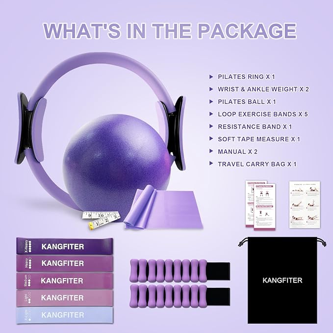 Pilates Equipment Kit for Home Workout, Pilates Ring and Ball Set with Adjustable Ankle Wrist Weights, Resistance Bands, Tape Measure, Bag, Pilates Essentials Accessories for Women Yoga