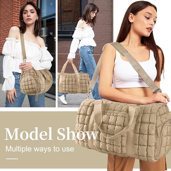 Quilted Travel Duffle Bag Gym Bag for Women,Large Puffer Duffle Weekender Bag with Compartment,Workout Overnight Carry on Organizer Bag Duffle Bag for Airplane Travel(L-Khaki)