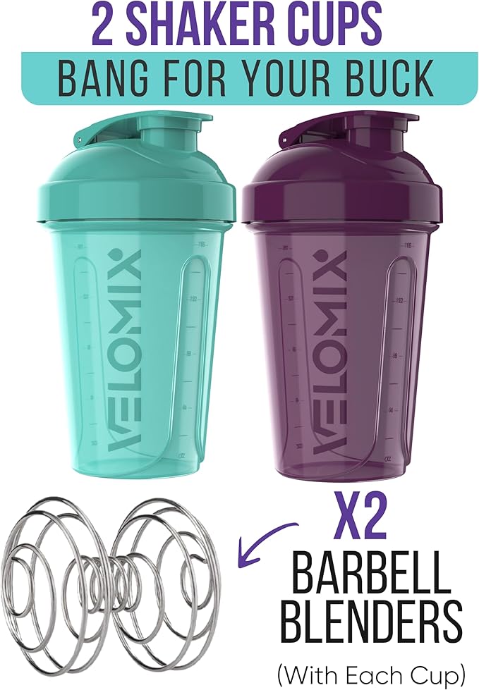 VELOMIX -2 Pack- 20 oz Protein Shaker Bottles for Protein Mixes - 2x Wire Whisk | Leak Proof Shaker Cups for Protein Shakes and Pre Workout | Protein Shaker Bottle Pack (Midnight Aqua)