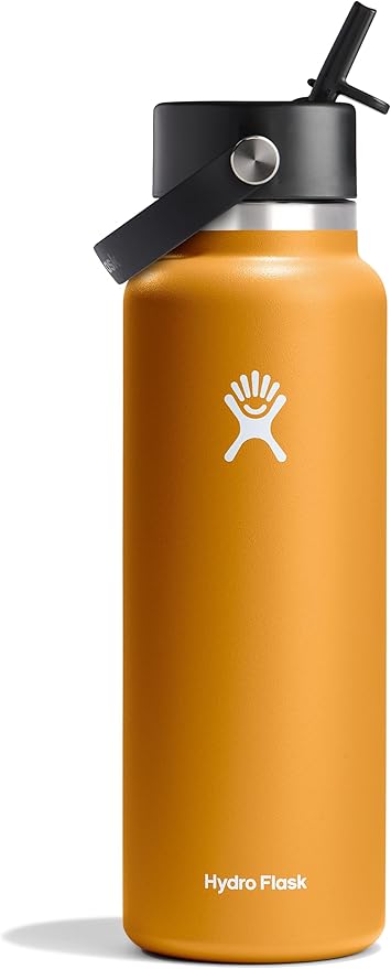 Hydro Flask Water Bottle - Insulated Stainless Steel - Wide Mouth Flex Straw Lid, Non Spill, Leakproof and Refillable in 40 Oz Fossil