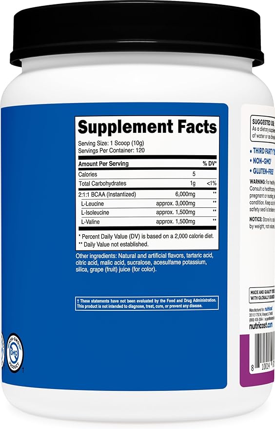 Nutricost BCAA Powder (Grape, 120 Servings) - Gluten Free, Non-GMO, Vegetarian, Optimal 2:1:1 Ratio