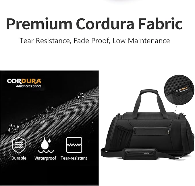 Duffle Bag for Travel, Carry on Gym Bag for Men, Waterproof Sport Bags with Shoe Compartment, 40L Weekender Men Tote Bag for Camping, Hiking, Trips - Black (CORDURA®)