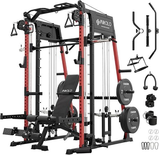Mikolo Smith Machine, 2200lbs Squat Rack with LAT-Pull Down System & Cable Crossover Machine, Training Equipment with Leg Hold-Down Attachment