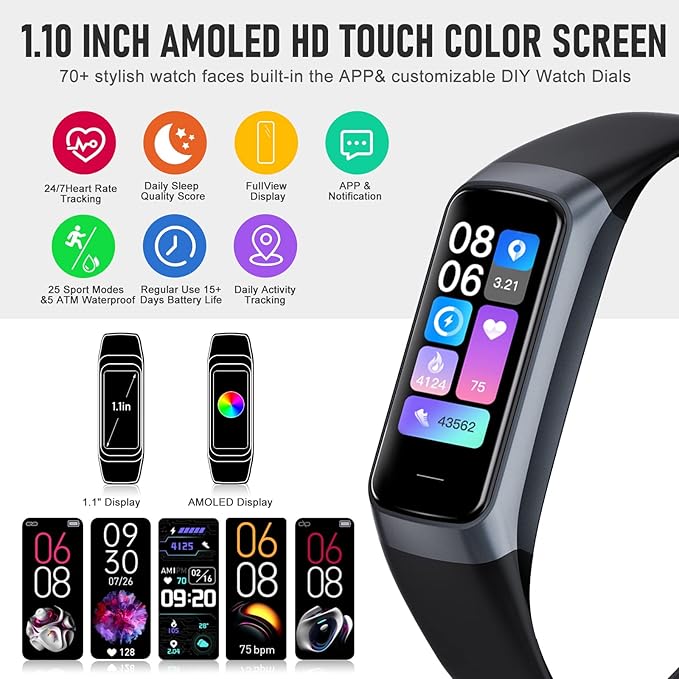 Fitness Tracker, Blood Pressure Watch with 24/7 Heart Rate, 1.10" Step Counter Pedometer Calories Sleep Trackers, Activity Fitness Watch for Women Men