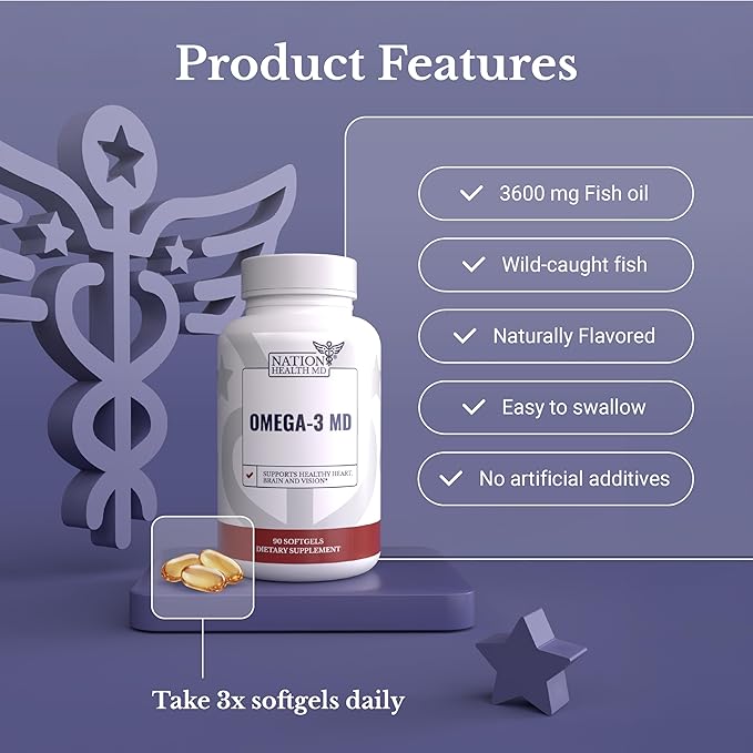 Omega-3 MD Fish Oil - Omega 3 Supplement for Women & Men - Wild-Caught & Burpless Fish Oil 3600 mg - with Omega3 Fatty Acid EPA 1300 mg + DHA 860 mg - 90 Softgels