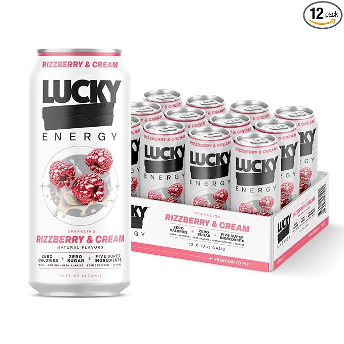 Lucky Energy Sugar Free Energy Drinks, Rizzberry and Cream, 16oz Cans (12-Pack) Healthy, Zero Sugar Energy Drink with Maca, Ginseng, Beta-Alanine, Taurine & 200mg Caffeine