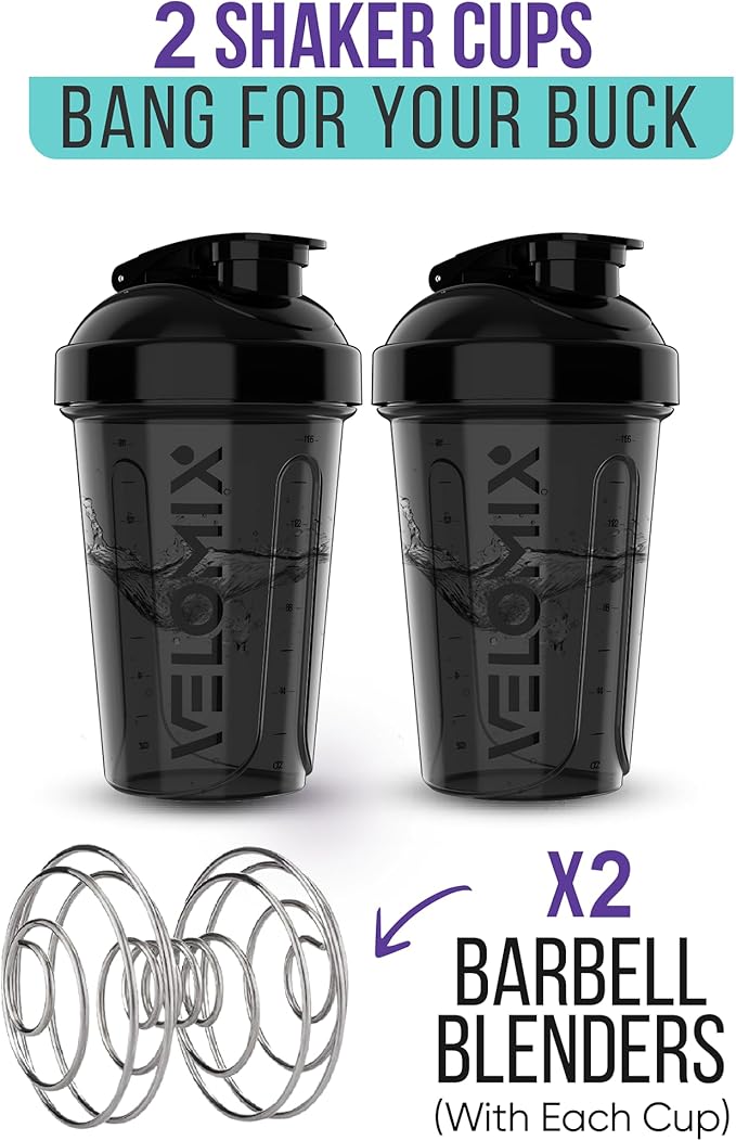 VELOMIX -2 Pack- 20 oz Protein Shaker Bottles for Protein Mixes - 2x Wire Whisk | Leak Proof Shaker Cups for Protein Shakes and Pre Workout | Protein Shaker Bottle Pack (Onyx Set)