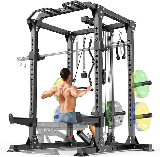 Power Cage Multi-Function Power Rack with Cable Crossover System,1800 LBS Capacity Squat Rack with Weight Bench,for Home Gym