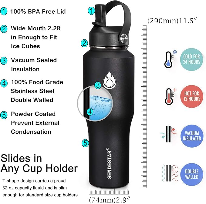 SENDESTAR Water Bottle 32oz,Wide Mouth Stainless Steel Vacuum Insulated Double Wall Keep Liquids Cold or Hot All Day,Sweat Proof Sport Design,Fit Car Cup Holder,2 Lids(Straw and Spout lid)(Black)
