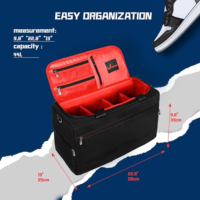 Sneaker Duffel Travel Bag, Waterproof Sneaker Duffle Bags Shoe Bags for Travel, Basketball Sports Gym bag with 3 Adjustable Dividers, & Shoulder Strap