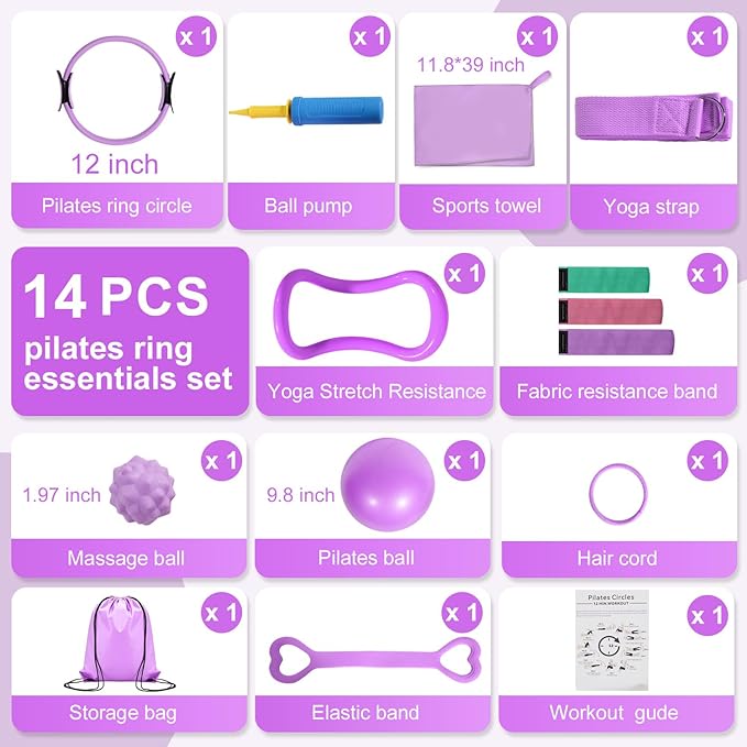 Pilates Ring Set with Resistance Bandsβ Anti-Slip Magic Circle Pilates Ring for Home Workouts, Full-Body Toning, Strength Training for Women 14PCS
