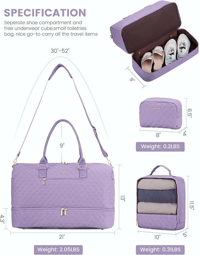 LOVEVOOK Travel Duffle Bag for Women, Weekender Overnight Bag with Shoe Compartment, Carry on Bag with Toiletry Bag, Gym Duffel Bag with Wet Pocket, Hospital Bags for Labor and Delivery 3 Pcs Set
