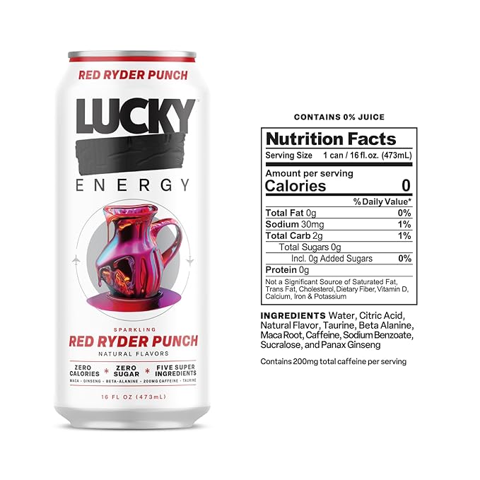 Lucky Energy Sugar Free Energy Drinks 16 Fl Oz Cans (12-Pack) Healthy Energy Drink. Red Ryder Punch with Maca, Ginseng, Taurine, Beta-Alanine, 200mg Caffeine (Packaging may vary).
