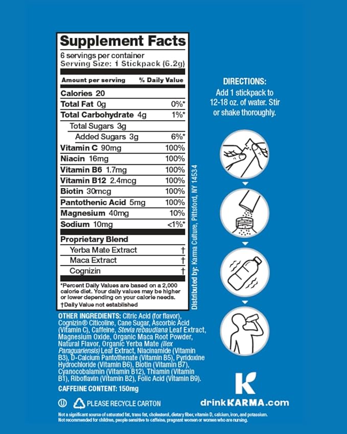 Karma Energy Hydration Packets – 6 Pack, Blueberry Watermelon Drink Mix with Cognizin® Nootropics, Vitamins & Immune Support, Low Calorie