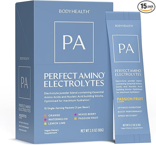 BodyHealth PerfectAmino Electrolyte Drink Mix – Variety Pack– No Sugar, Keto & Fasting Friendly, Hydration with Trace Minerals – Stick Packs