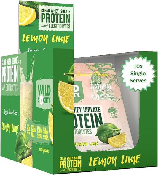 WILD SOCIETY - Clear Whey Protein + Electrolytes - Refreshing Whey Protein Isolate Powder - 20g Protein, 0 Sugar, No GMO - Travel Pack - 10x Singe Serves - Lemon Lime